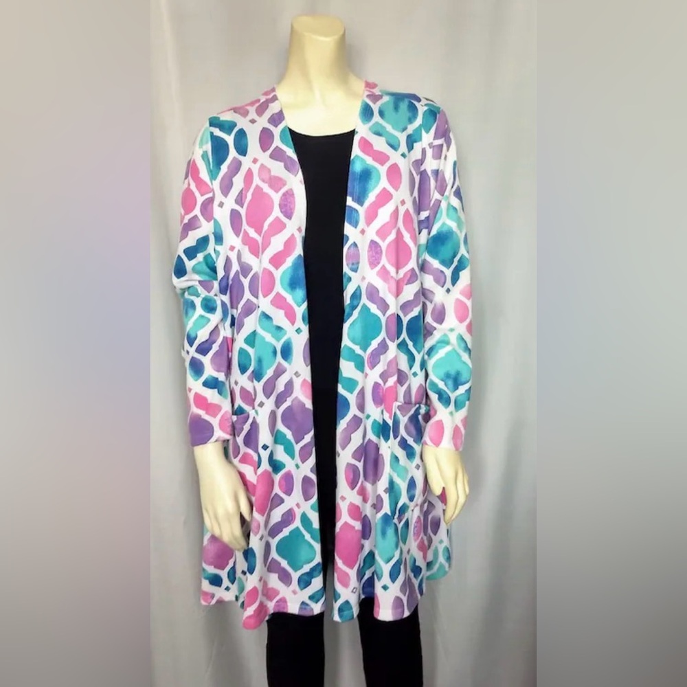 Watercolor Geometric Open-Front Women’s Sweater - Pink, Purple & Teal